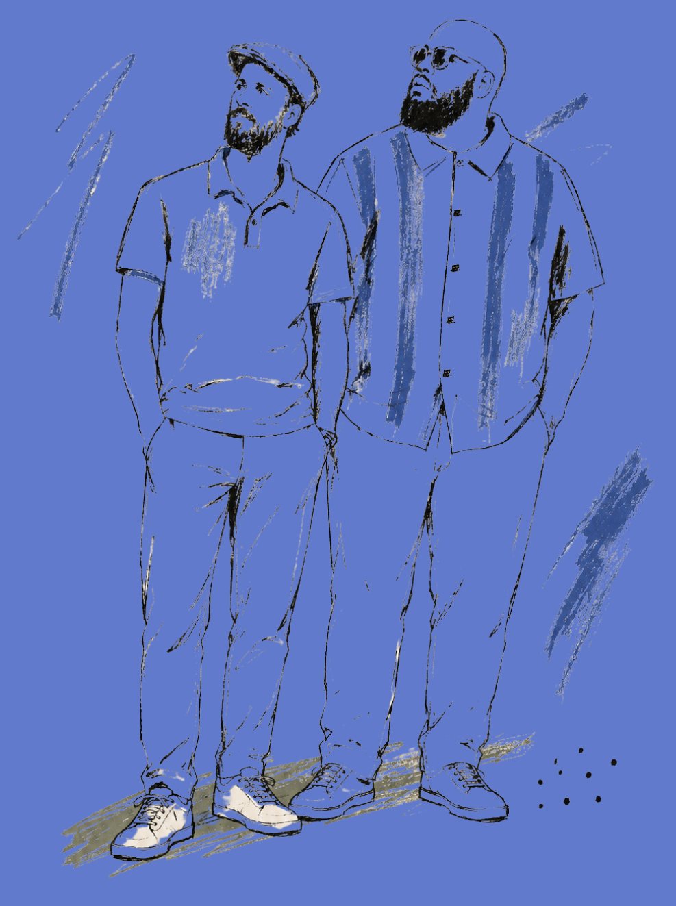 Full-length drawing of the two band members standing side by side